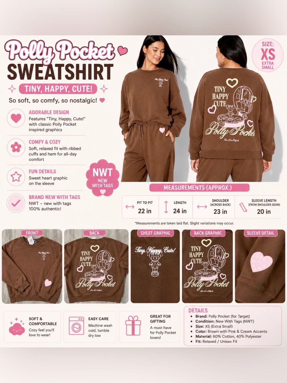 NWT Polly Pocket Tiny Happy Cute! Sweatshirt – Size XS – Brown Graphic Crewneck